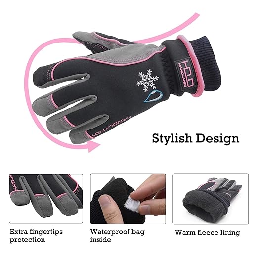 HANDLANDY Waterproof Insulated Work Gloves, 3M Thinsulate Thermal Winter Gloves for Men Women Touch Screen, Warm Ski Snowboard Cold Weather Gloves (Small, Pink)-StrideForce Fitness