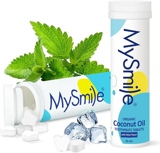MySmile Toothpaste Tablets, Travel Friendly Mouthwash Tablets, Fluoride Free Toothpaste Tablets - Nano hydroxyapatite, Reduce Sensitivity, Natural Whitening, Remineralize Teeth, Fresh Breath. 45Tabs