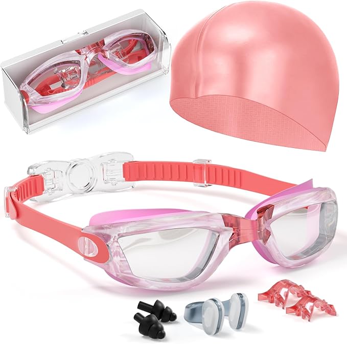 Kids Swim Goggles, Swimming Goggles for Kids Toddlers 3-14 with Swim Cap, Nose Clip, Nose Bridge, Ear Plugs-StrideForce Fitness