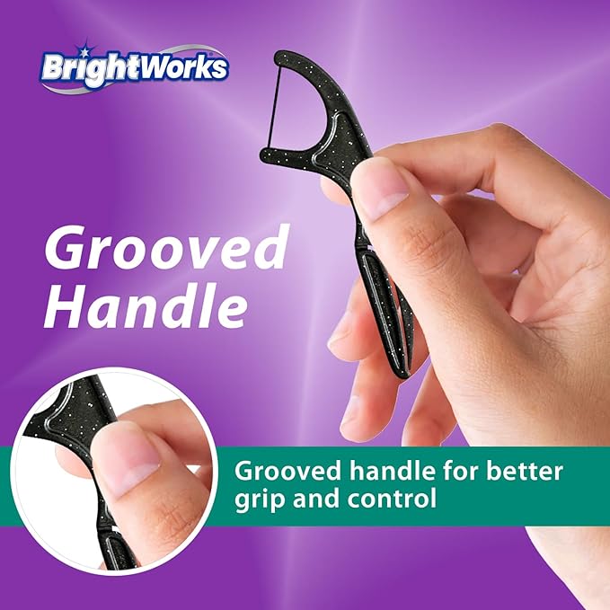 Brightworks ECO Sustainable Floss Picks - 225 Count - PFAS Free - Made in USA Charcoal + Mint Infused 100% Post-Consumer Recycled Plastic with Micro-Crystals for Oral Care Hygiene Gum Health