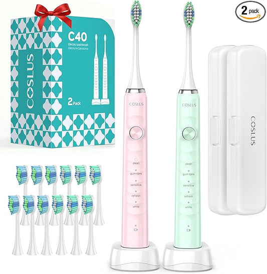 COSLUS Sonic Electric Toothbrush for Adults: 47000 VPM for Deep Cleaning & Whitening with Travel Case - 5 Modes for Sensitive Teeth & Braces, Wireless Charging, 6 Brush Heads, Pink & Green (2PCS)