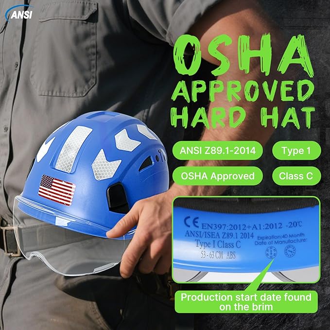 AOLAMEGS Construction Safety Hard Hat - ANSI Z89.1 Type Ι OSHA Approved Safety Helmets with Chin Straps Lightweight Reflective Vented ABS Hard Hats For Men Women Industrial Workwear 6-point Suspension-StrideForce Fitness