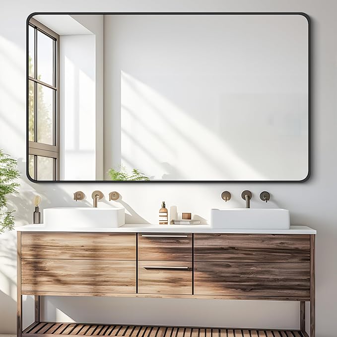 30 x 50 Inch Bathroom Mirror, Matte Black Wall Mirror with Metal Frame, Decorative Rectangular Vanity Mirror for Bedroom Bathroom Living Room Entryway (Horizontal/Vertical)-StrideForce Fitness