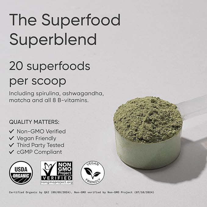 Sports Research® Organic Greens Superfood Powder w/Spirulina & Chlorella, Adaptogens, Enzymes, Probiotics & 8 VIT Bs for Gut & Mood Support* - Vegan, Sugar-Free & Low-Cal Original 20 Servings-StrideForce Fitness