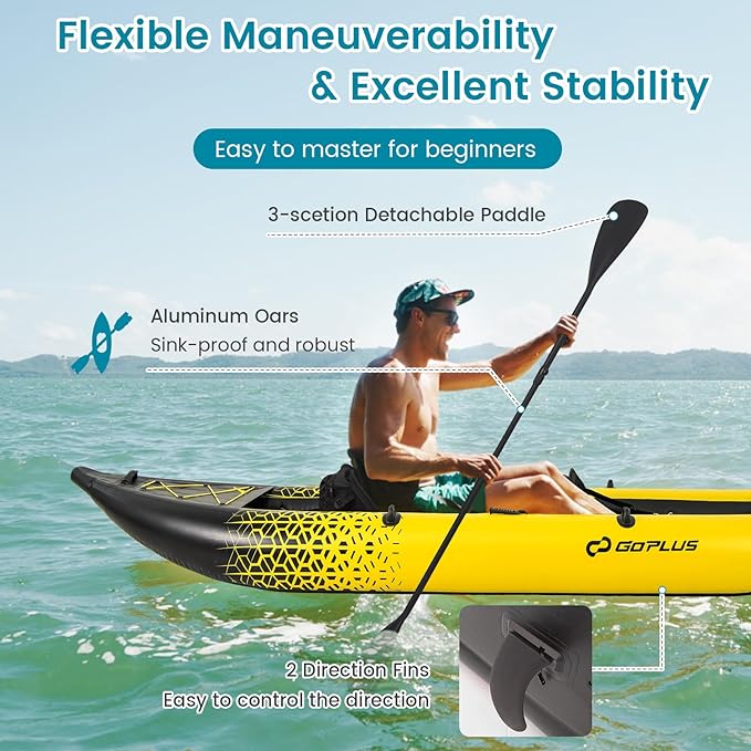 Goplus Inflatable Kayak, 2-Person Kayak Set for Adults with 507 LBS Weight Capacity, 2 Aluminium Oars, EVA Padded Seat, 2 Fins, Hand Pump, Carry Bag, Repair Kit, Portable Touring Kayaks-StrideForce Fitness