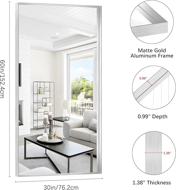 Silver Bathroom Mirror, 30x60 Inch Rectangular Deep Frame Mirror, Large Wall Mounted Bathroom Vanity Mirror Over Sink for Bedroom,Restroom, Living Room, Hangs Vertically or Horizontally-StrideForce Fitness