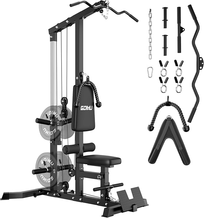 LS01 LAT Pulldown Machine, LAT Row Cable Machine with AB Crunch, LAT Tower with Cable Row Attachments, 3 in 1 Pulley Stations for Home Gym-StrideForce Fitness