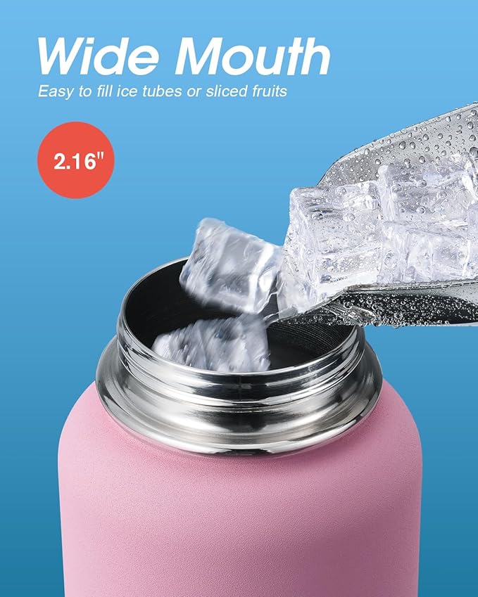 32 oz Insulated Water Bottle with Straw&3 Lids, Coolflask Stainless Steel Metal Flask Wide Mouth for Sports or Office, Non-BPA Keep Cold Up to 48 Hrs or Hot Up to 24 Hrs, Bubblegum Princess-StrideForce Fitness