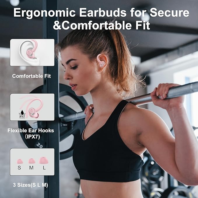 Wireless Earbuds Bluetooth 5.3 Headphones Sports, 48Hrs Playtime Bluetooth Earbuds with CVC 8.0 Mic, 2025 Stereo Bass Over Ear Bud with Earhooks, LED Display, IP7 Waterproof Earphon for Running Rose-StrideForce Fitness