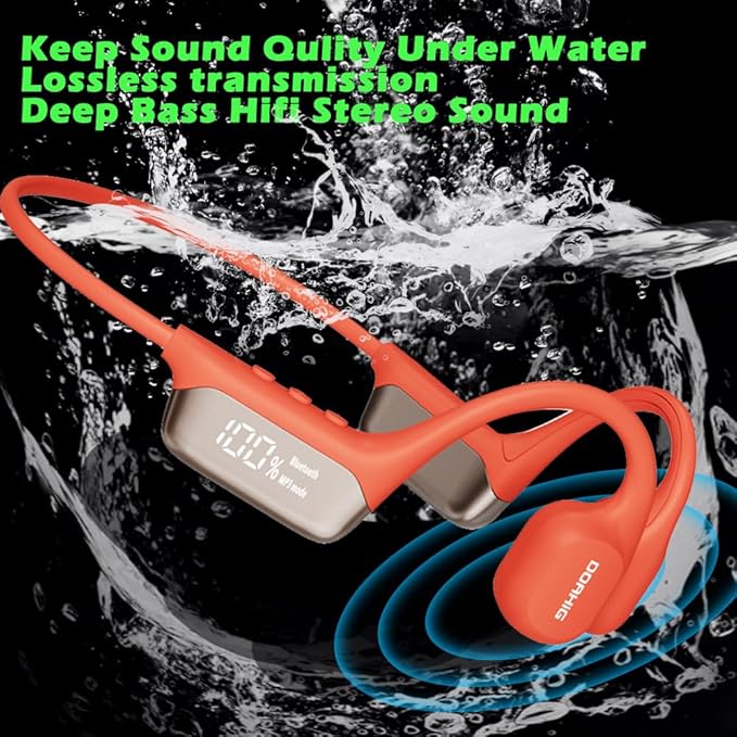 IHAO Swimming Headphones True Bone Conduction Open Ear Headset MP3 Player Built-in 32G Memory IP68 Underwater Waterproof Stereo Bluetooth Earphone for Driving Bicycling Running Skiing-Red-StrideForce Fitness
