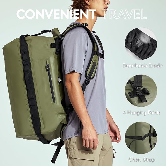 Haimont Large Waterproof Duffel Backpack Roll-Top Heavy Duty Dry Duffle Bag for Boating, Travel, Motorcycle, Kayaking, Camping, 60L-StrideForce Fitness