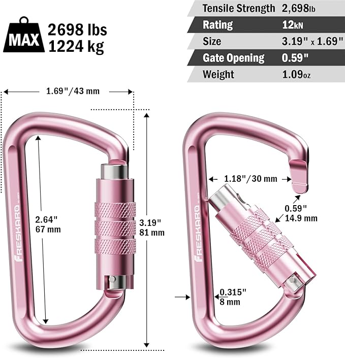 FresKaro 3inch 12kN-2698lbs Auto Locking Carabiner Clips, Solid D Shape, Heavy Duty 7075 Aluminum, Lightweight 1.09oz, Rust Proof, for Hammock, Hiking, Dog Leash, Keychain etc., Multi-Colors-StrideForce Fitness