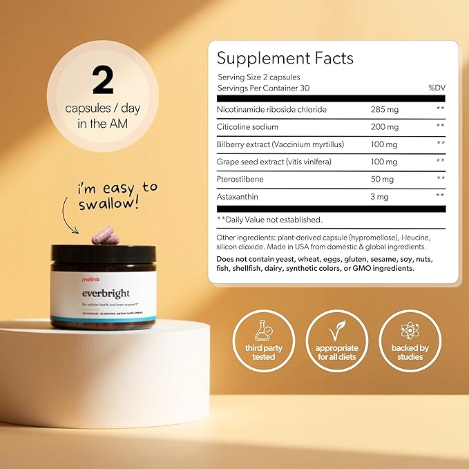 Melina Everbright NAD+ Supplement for Women's Energy & Longevity - Nicotinamide Riboside (NR), Pterostilbene, Citicoline, Astaxanthin - Anti-Aging, Focus, and Skin - 3rd Party Tested - 30 Servings-StrideForce Fitness