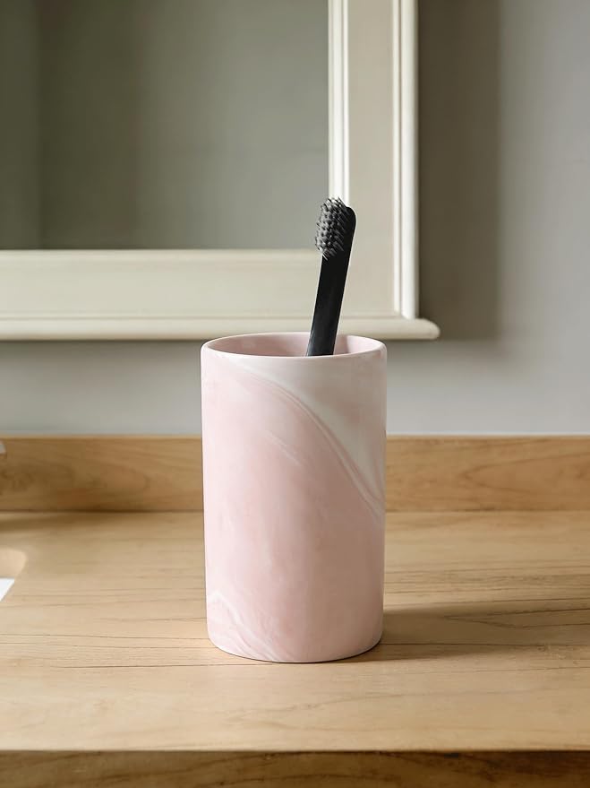 Kelake Ceramic Rustic Pink Marble Bathroom Tumbler Cup for Mouthwash Rinsing Toothbrush and Toothpaste Holder Stand Cups 280 ml Porcelain Milk Drinking Cups for Christmas Birthday
