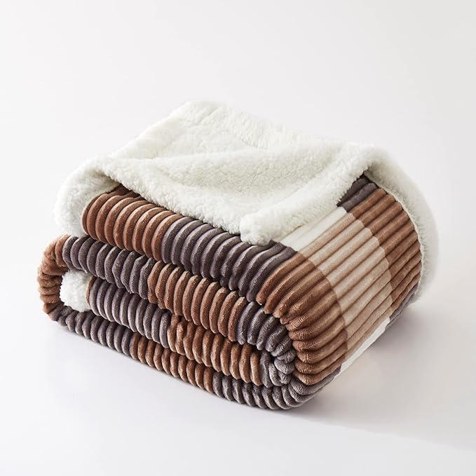 PU MEI Sherpa Blanket Full/Queen Plaid Thick Bed Blanket, 90”*80” Super Soft Flannel Fuzzy Fleece Reversible Velvet Plush Warm Blanket for Couch(Beige Check, 80"*90")-StrideForce Fitness