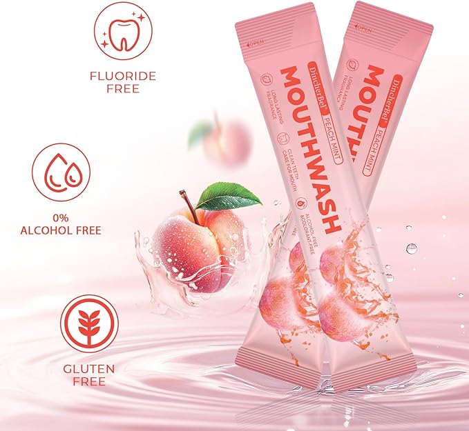 Travel-Size Alcohol & Fluoride Free Peach Mint Mouthwash Packets, 60 Individually Wrapped Portable Packs for Adults, Fresh Breath Peach Mint Flavored Mouthwash for Oral Hygiene, 0.63 Fl Oz Each
