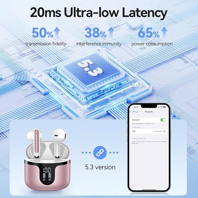 Wireless Earbuds, 2025 Bluetooth 5.3 Headphones HiFi Stereo 50H Playback Ear Buds with Led Digital Display, ENC Noise Cancelling Earbuds for Laptop Computer, iOS, Android, Rose Gold-StrideForce Fitness