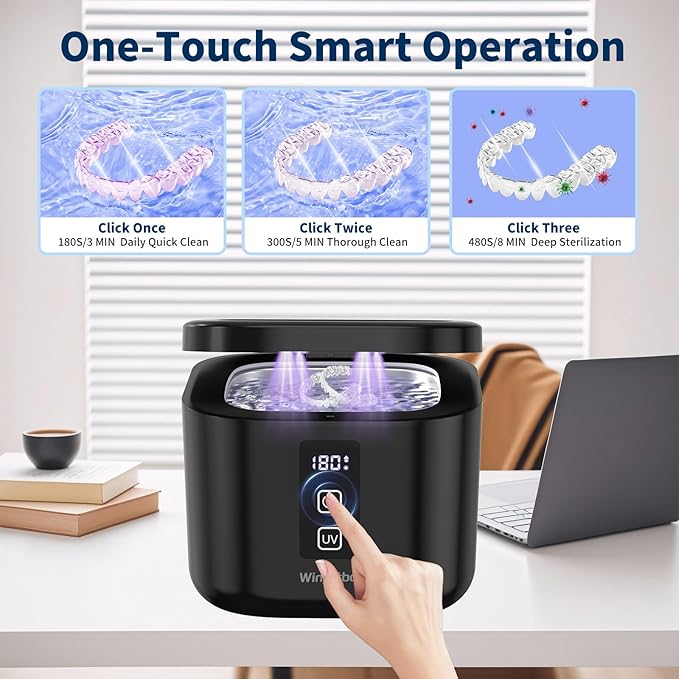 Ultrasonic Retainer Cleaner Machine, 48KHz Dental Cleaning Pod for Denture, Mouth Guard, Aligner, Night Guard, Braces, Toothbrush Heads, Jewelry with Digital Timer & 6 Modes, 13oz Capacity, Black