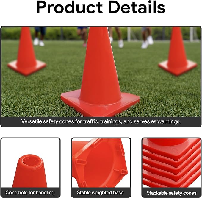 6, 9, 12, 18, 28 Inch Sports Training Traffic Cones - Durable Orange Cones for Soccer, Football, Basketball, Agility Drills, Parking, Safety, Road Use (Set of 12)-StrideForce Fitness