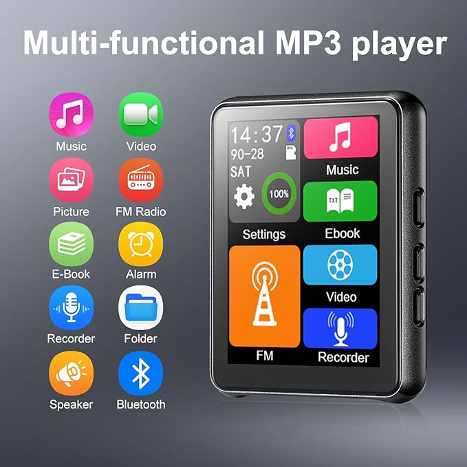 64GB MP3 Player Bluetooth 5.3 Touch Screen Music Player Portable mp4 Player with Speakers high Fidelity Lossless Sound Quality 2.4 inch mp3 FM Radio Recording e-Book-StrideForce Fitness
