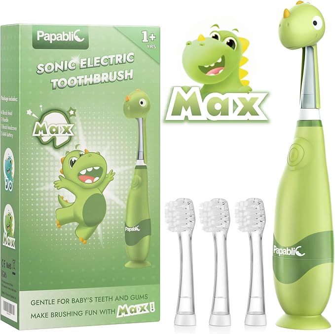 Papablic Toddler Sonic Electric Toothbrush Kids for Ages 1-3 Years, Baby Electric Toothbrush with Cute Dino Cover and Smart LED Timer, 4 Brush Heads (Max)
