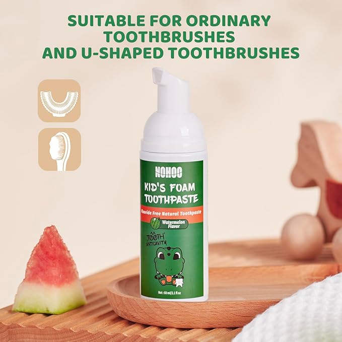 NOHOO Fluoride Free Foam Toothpaste Kids Fruit Flavour,Natural Training Toothpaste for Baby Toddler Children Oral Cleaning and Cavity Protection(2 Orange + 2 Watermelon)