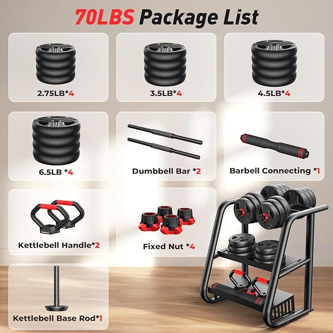 Adjustable dumbbell set,20/35/45/55/70/90lbs Free Weights set with upgraded nut, 4 in 1 Weight Set Used as Kettlebells, Barbell, Push up Stand, Fitness Exercise for Home Gym Suitable Men/Women-StrideForce Fitness