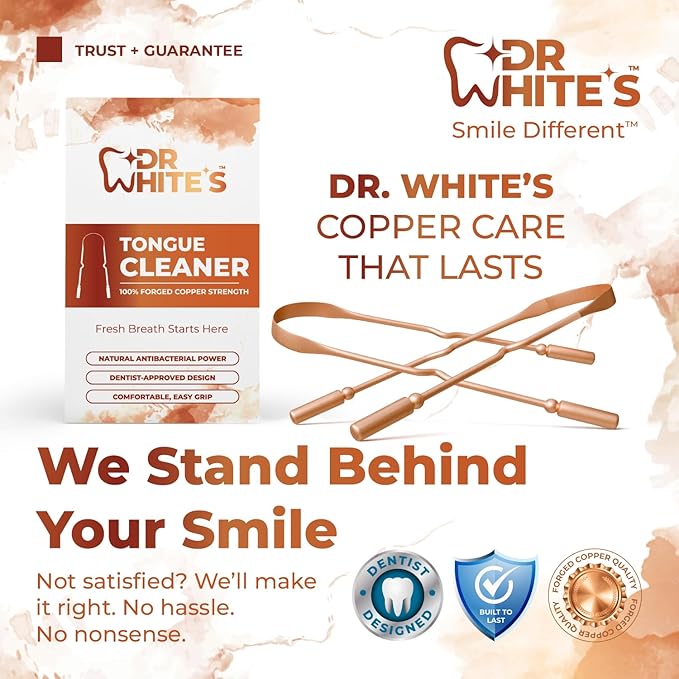 Dr. White's Copper Tongue Cleaner - Dentist-Formulated Dual-Grip Design for Fresh Breath | 3-Pack