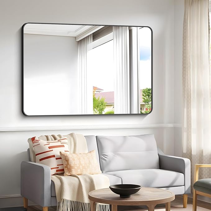 55x36 inch Bathroom Mirror,Black Rectangle Mirror,Wall Mounted Bathroom Frame Vanity Mirror with Round Corner for Bedroom Living Room, Entryway Hangs Horizontal or Vertical-StrideForce Fitness