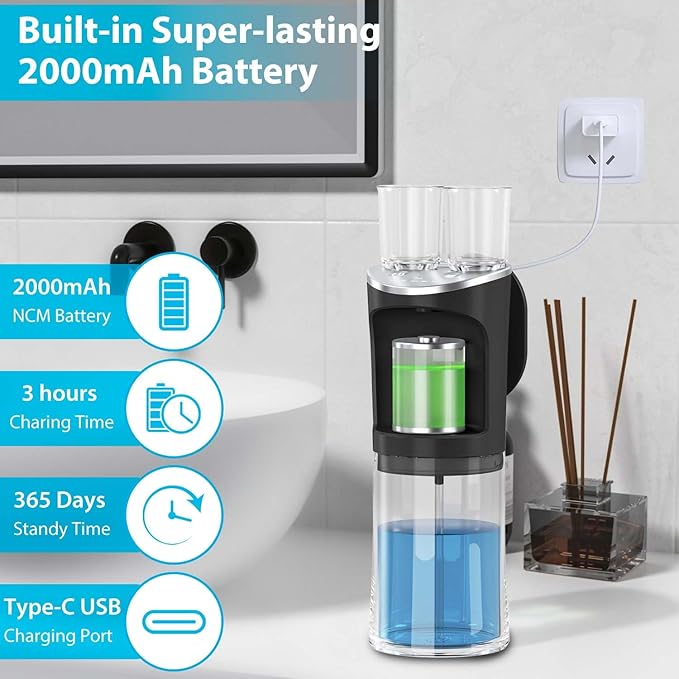 Automatic Mouthwash Dispenser for Bathroom, 2500mAh Electric Touchless Black Mouthwash Dispenser with Magnetic Cups, 20 Oz Wall Mounted/Countertop Mouthwashs Dispensers for Kids & Adults