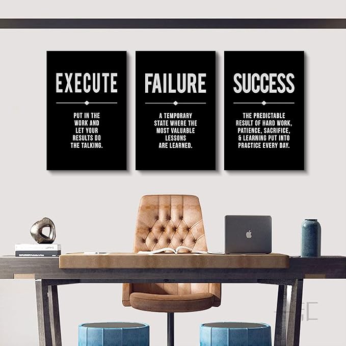 Framed Canvas Wall Art Success Quote, Office Wall Art, Black Large Poster, Positive Motivational Set of 3 Prints, Execute Failure Definition, Inspirational Print (A-3pcs,16x24inchx3pcs)-StrideForce Fitness