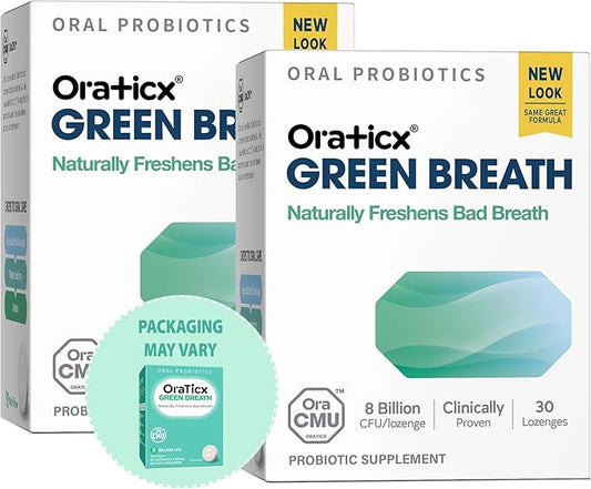 OraTicx Oral Probiotics Green Breath, Freshen Bad Breath, Dental Probiotic Supplement for Oral Health, 8 Billion CFU, Mint Flavor 30 Lozenges 2-Pack
