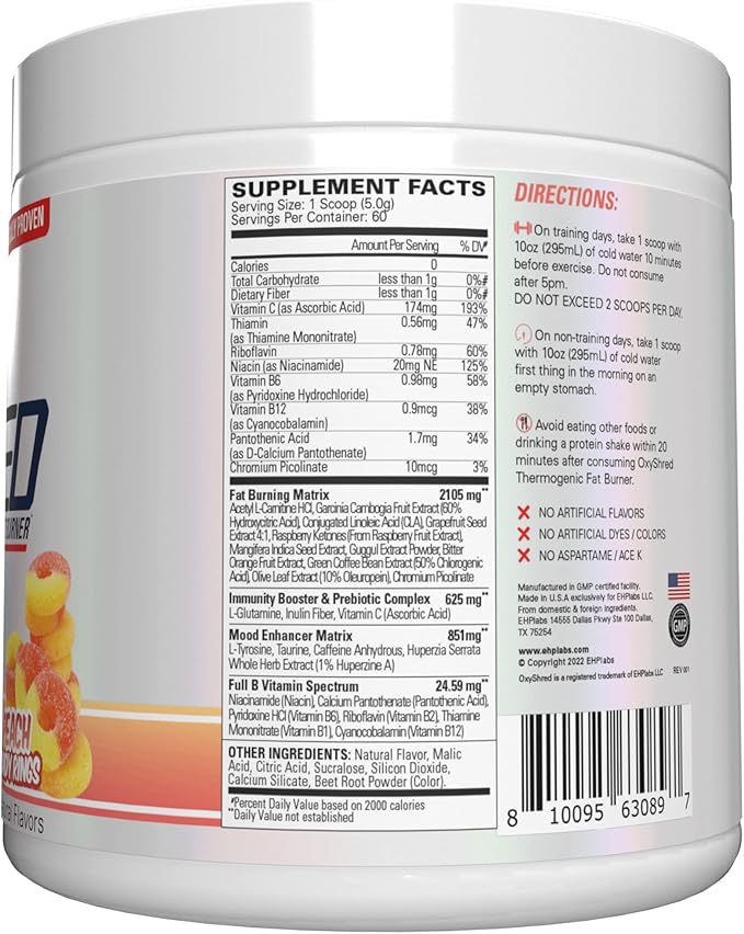 EHP Labs OxyShred Pre Workout Powder - Preworkout Powder with L Glutamine & Acetyl L Carnitine, Energy Boost Drink - Peach Candy Rings, 60 Servings-StrideForce Fitness