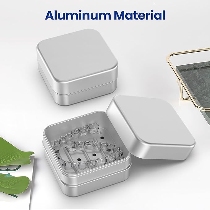 Aluminum Retainer Case Compatible with Invisalign,2 Pack Durable Denture Holder Orthodontic Aligner Holder Mouth Guard Case Retainer Soaking Cups for Travel, Camping, Office