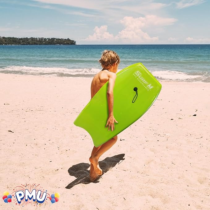 PMU 33 Inch Lime Green Bodyboard - Lightweight Wrist Leash, Surf Mania, Slick Bottom Boards for Beach, Sea & Pool - Surfing Board for Kids, Teens & Adults Wave Conditions Pkg/1-StrideForce Fitness