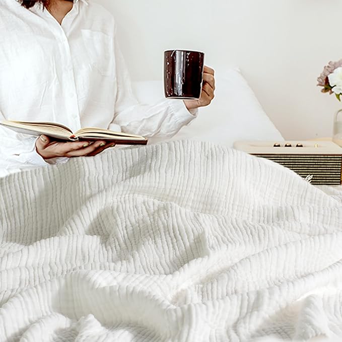 Carriediosa 100% Cotton Muslin Throw Blanket 108" X 90" King Size，4-Layers Summer Gauze Throws for Bed Couch，Soft Lightweight Breathable Linen Blankets Bedspread for Adults All Season，White-StrideForce Fitness