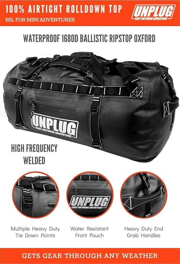 UNPLUG Ultimate Adventure Bag | 1680D Heavy Duty Waterproof Bag | Large Travel Duffle Bag which can be Used for Camping, Motorcycling, Boating, or Hunting-StrideForce Fitness