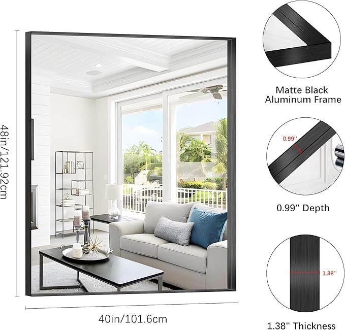 Black Bathroom Mirror, 40x48 Inch Rectangular Framed Mirror, Large Wall Mounted Bathroom Vanity Mirror Over Sink for Bedroom,Restroom, Living Room, Hangs Vertically or Horizontally-StrideForce Fitness