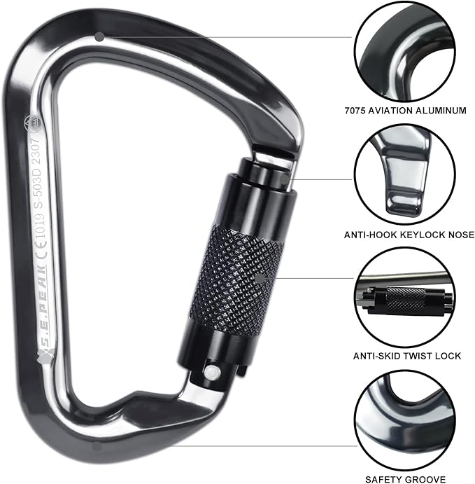 SEPEAK UIAA 30kN Climbing Carabiner Clips, Professional Heavy Duty Twist Locking Carabiners for Climbing,Mountaineering, Rappelling, Camping, Hiking, Swings, Large D Ring Hooks-StrideForce Fitness