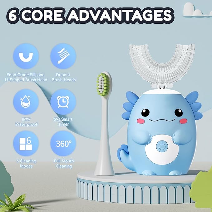Kids Electric U Shaped Toothbrush - Axolotl Kids Sonic Toothbrush with 6 Brush Head Automatic Rechargeable 6 Cleaning Modes Full Mouth Cleaning-Blue