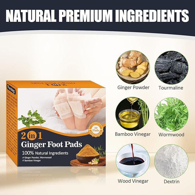 2 in 1 Foot Pads, Tear and Use Ginger Wormwood with Pure Natural Ginger Powder Bamboo Vinegar Wormwood, Bigger Adhesive ''Stay in Place'' All Night, 20 Pads-StrideForce Fitness