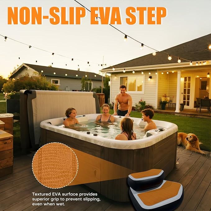 Inflatable Hot Tub Steps with EVA Non-Slip Surface, Drop Stitch Detachable 2-Piece Spa Stairs for Jacuzzi and Bathtub, Portable Durable Steps for Indoor and Outdoor Hot Tub, 37" × 32" × 15.7"-StrideForce Fitness
