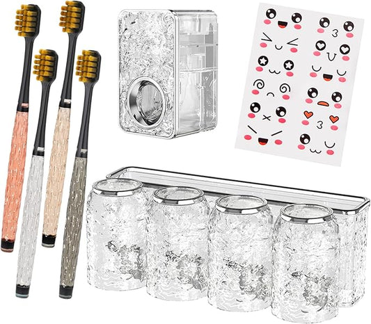 Toothbrush Holders Combo Set for Bathroom，4 Cups Toothbrush Holder Wall Mounted with Organizer，Gift 4 Count Ultra Fine Soft Bristle Crystal Tooth Brush and Wall Mounted Toothpaste Squeezer