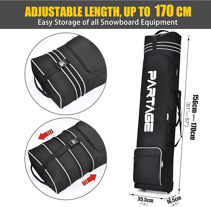Partage Snowboard Bag with Wheels, Snowboard Bag for Air Travel, Adjustable Length Up to 170 cm, 600D Water Resistant Oxford -Black-StrideForce Fitness