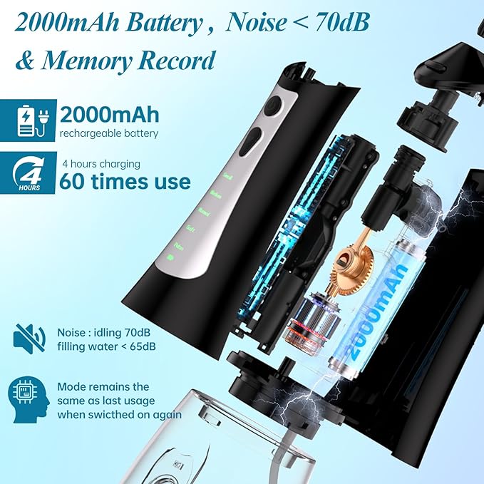 Water Flosser for Teeth 300ML Cordless,Portable Water Dental Floss Pick IPX7 Waterproof 5 Modes & 6 Jet Tips Noise<70db, Water Picks for Teeth Cleaning and Flossing, Braces, Gums,Oral Care