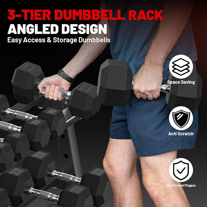 PAPABABE Hex Dumbbell Set with Rack, Rubber Encased Free Weight with Weight Storage Racks, Multiple Weight Options for Home Gym and Fitness