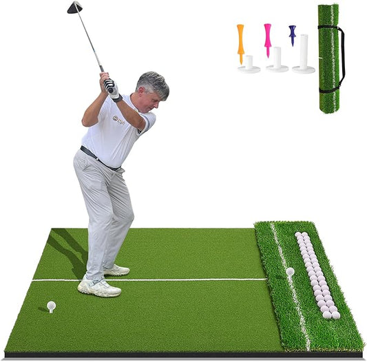 Dual-Turf 45/50MM Golf Hitting Mat, Built-in Ball Tray, Alignment Aid, Golf Mat Practice Outdoor & Indoor, Driving Chipping Putting in Backyard Garage Basement, Gift for Men Dad Golfer-StrideForce Fitness