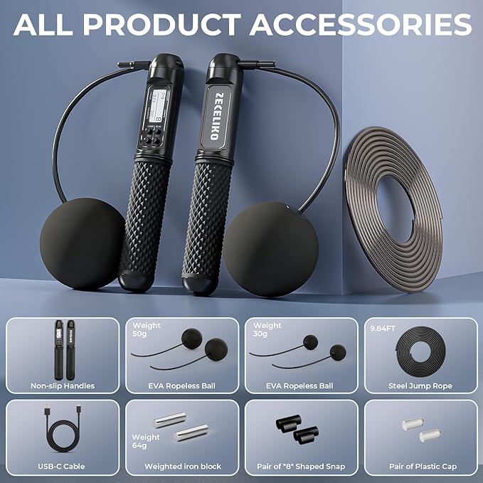 Smart Jump Rope with LED Display and Jump Counter, Weighted Cordless Design for Home Gym & HIIT, Adjustable Steel Wire for Fitness, Tracks Jumps, Calories & Time, for Men, Women & Kids-StrideForce Fitness