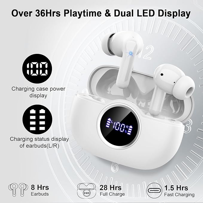 Wireless Earbuds, 2025 Bluetooth 5.4 Headphones 3D Stereo Hi-Fi Bass Ear Buds, 4 ENC Noise Cancelling Mic, 40+Hrs USB-C in-Ear Earphone Sport, IP-X7 Waterproof Workout Gym for Android iOS Laptop Pad-StrideForce Fitness