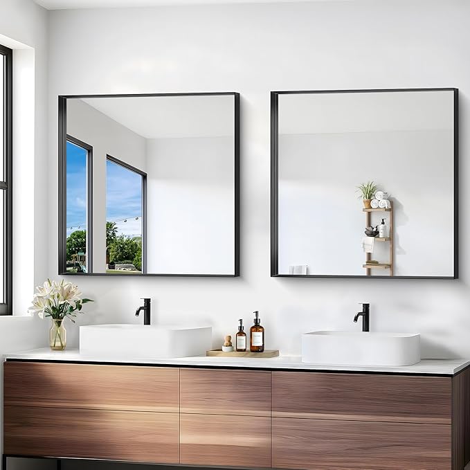 Black Bathroom Mirror, 30x30 Inch Rectangular Framed Mirror, Large Wall Mounted Bathroom Vanity Mirror Over Sink for Bedroom,Restroom, Living Room, Hangs Vertically or Horizontally-StrideForce Fitness
